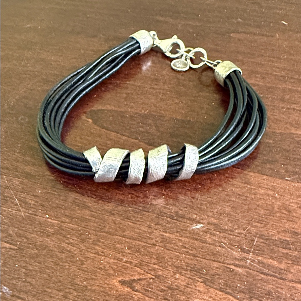 Black Multi-Strand Leather Bracelet with Silver Accents - Picture 3 of 3